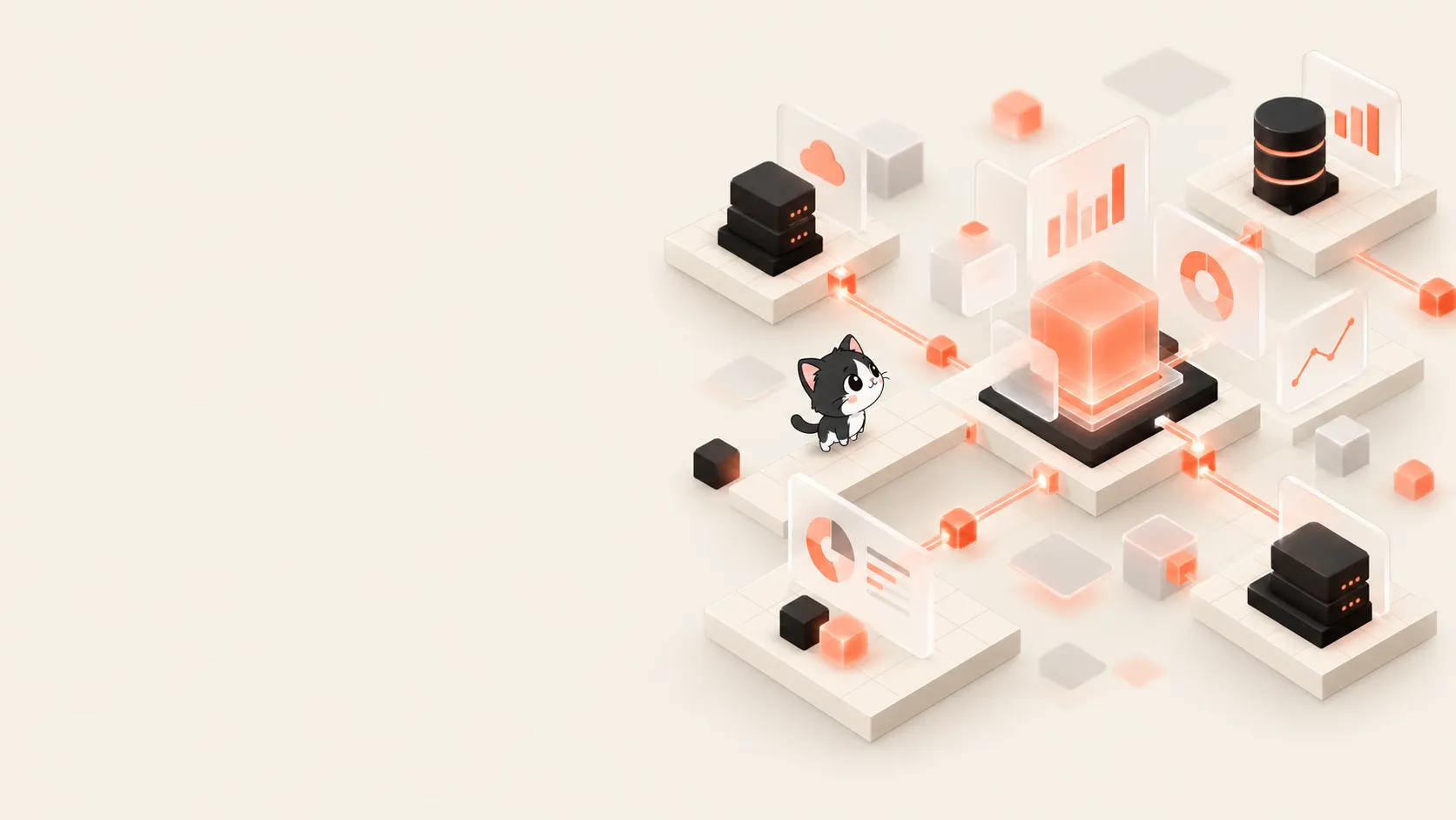Illustration: the cat walks a network of servers and a database connected to dashboards.